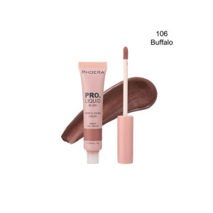 PHOERA Pro. Liquid Blush in shade 106 Buffalo with wand applicator and brown swatch behind.