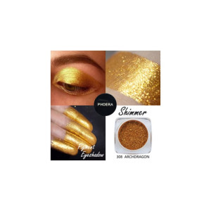 Gold makeup collage showing shimmery eye shadow on the eyelid, gold nail swatches, a shimmer product pot labeled 'Phoera' with shade 308 Archdragon.