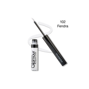 Liquid eyeliner pen with brush and white bottle labeled Grandour Liquid Liner, shade 102 Fendra.