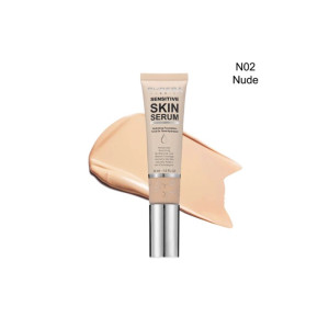 Foundation tube labeled Sensitive Skin Serum in shade N02 Nude with beige swatch behind.