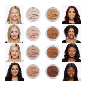 Grid showing four diverse women flanking rows of Phoera Sheer Matte compact powders, illustrating a full shade range.