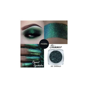 Collage showing emerald shimmer eyeshadow: swatches on fingers, an eyelid, and the jar labeled 305 Emerald by Phoera.