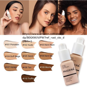 Triptych of three models holding PHOERA liquid foundation bottles above a grid of 11 foundation swatches labeled #101 Porcelain to #110 Truffle, with two foundation bottles on the right.