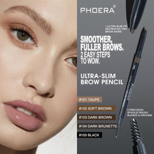Close-up of a model’s face promoting PHOERA Ultra-Slim Brow Pencil with swatches and shade list on the right side.