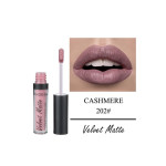 Pink velvet-matte lip gloss with applicator beside a close-up of mauve lips; labeled Cashmere 202# Velvet Matte.