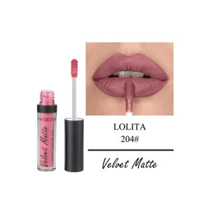 Velvet Matte lip gloss in shade Lolita 204#, with applicator, shown beside a close-up of mauve lips applying it.