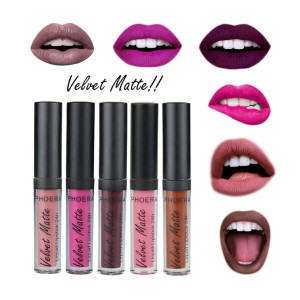 Five Phoera Velvet Matte liquid lipsticks in pink, nude, and mauve shades lined up; lip swatches in various colors on the right and the words 'Velvet Matte' in the center.
