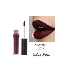 Liquid lipstick in deep burgundy with a doe-foot applicator beside the bottle and a close-up of dark red lips; text shows 'VAMPIRE 207#' and 'Velvet Matte'.