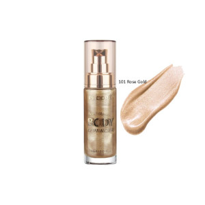 PHOERA Body Luminizer in shade 101 Rose Gold with a rose-gold highlighter swatch beside the bottle.