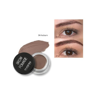 Brow pomade in shade 04 Auburn with a swatch and a before/after eye showing fuller brows