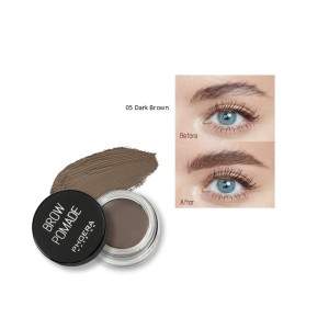 Brow pomade in shade 05 Dark Brown with a swatch and before/after eyebrow comparison.