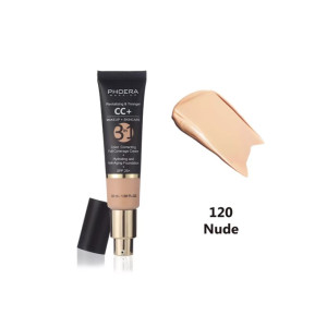 Tube of PHOERA CC cream with black cap, shade 3 in 1, beside a nude foundation swatch labeled '120 Nude'