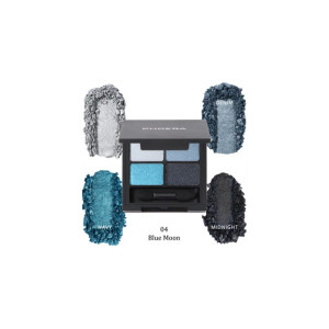 PHOERA eyeshadow quad in 'Blue Moon' with four blue shades arranged around a compact palette (Ice, Denim, Wavy, Midnight).