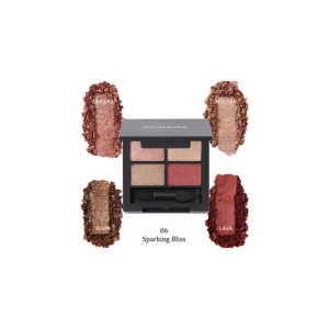 Open Phoera eyeshadow quad showing four shimmer shades with a small brush; swatches labeled Sahara, Molten, Burn, and Lava around the palette, shade 06 Sparking Bliss
