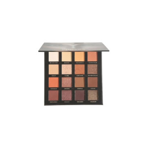 Open 16-shade eyeshadow palette with warm neutral browns and creams in rectangular pans
