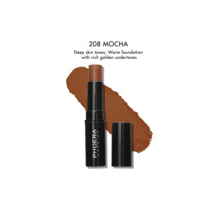 Lipstick in shade 208 Mocha with warm brown undertones, shown with a swatch behind it.