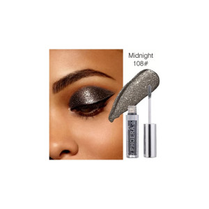 Close-up of a woman's eye with silver glitter eye makeup; Midnight 108# glitter liquid product shown beside it.