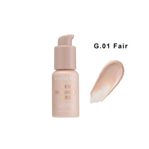 Phoera Glow Enhancer Filter foundation bottle with pump, shade G.01 Fair, shown with swatch on white background.