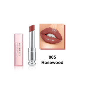 Lipstick product in shade 005 Rosewood with open cap and lips swatch