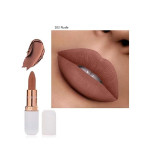 Nude lipstick product with rose-gold casing, swatch smear, and a close-up of lips wearing the shade ‘102 Nude’
