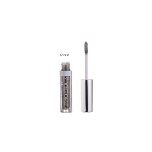 Glittery liquid eyeshadow in shade Forest with applicator wand beside the bottle