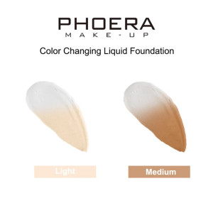 PHOERA Make-Up Color Changing Liquid Foundation with swatches labeled Light and Medium above the labels.