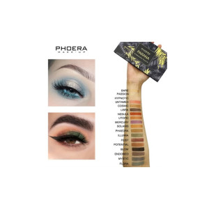 PHOERA Make-up ad: two eye makeup looks with blue and bronze tones beside a forearm swatch chart and a hand holding a patterned palette.