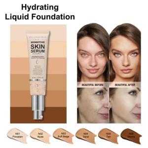 Advertisement for Hydrating Liquid Foundation showing a tube on a tan gradient background, plus side-by-side 'Beautiful Before' and 'Beautiful After' close-ups of a woman's face, and a row of six foundation swatches labeled N01 Porcelain to N06 Mocha.