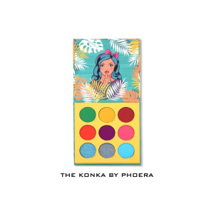 Twelve-color eyeshadow palette in a yellow tray with a tropical-lid illustration of a girl and palm leaves, labeled The Konka by Phoera