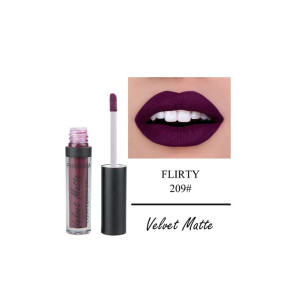 Dark purple velvet-matte lipstick with wand applicator and open bottle, lips swatched in matching shade labeled Flirty 209# Velvet Matte