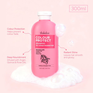 Shakebar Colour Protect Shampoo for colour-treated hair, 300 ml; nourishes with argan, quinoa and rose oils (color protection).