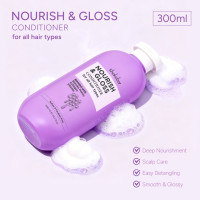 Purple Nourish & Gloss conditioner bottle (300ml) tilted with soapy bubbles, label reads for all hair types and conditioner name visible.