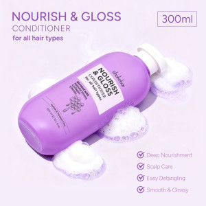 Purple Nourish & Gloss conditioner bottle (300ml) tilted with soapy bubbles, label reads for all hair types and conditioner name visible.
