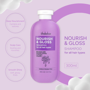 Purple ShakeBar Nourish & Gloss Shampoo bottle for all hair types with 300 ml label visible.
