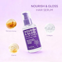 Nourish & Gloss Hair Serum bottle on a lilac background, with circular icons for Manuka Honey, Collagen, and Vitamin surrounding it.