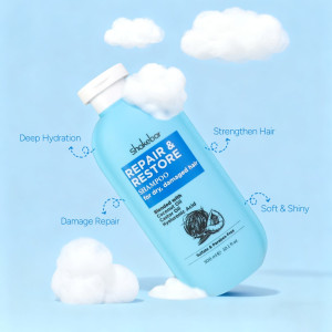 Blue bottle of Shakebar Repair & Restore Shampoo tilted on a light blue background with white clouds and arrows highlighting Deep Hydration, Damage Repair, Strengthen Hair, and Soft & Shiny.