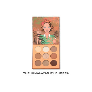 Makeup palette with nine warm-toned eyeshadows and retro illustrated cover featuring a woman; brand: The Himalayas by Phoera.