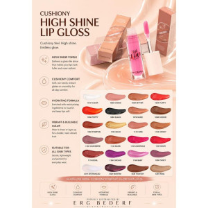 Advertisement for Cushiony High Shine Lip Gloss with pink gloss bottle and a swatch chart of 24 shade colors on a peach background.