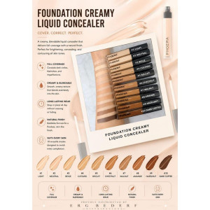 Promotional poster for Phoéra Foundation Creamy Liquid Concealer showing 10 shade swatches from light to dark coffee.