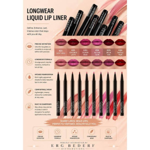 Infographic showing Longwear Liquid Lip Liner shades with lip swatches and pencil liners lined up for comparison.