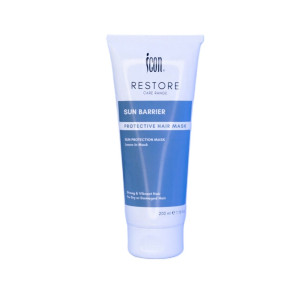 Tube of Icon Restore Sun Barrier protective hair mask (200 ml) with white and blue packaging.