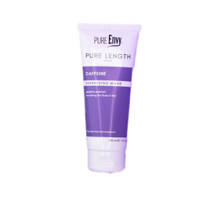Tube of Pure Length Energizing Mask in purple, labeled caffeine—hair growth support for scalp and hair.