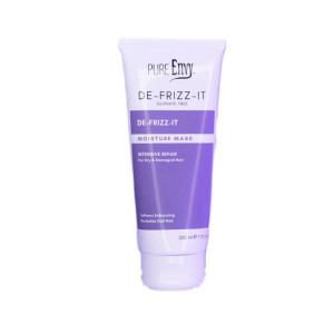 Purple tube labeled 'Pure Envy De-Frizz-It Moisture Mask' for intensive hair repair (200 ml).